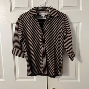 Foxcroft NYC Wrinkle-Free Black & Bronze Striped Button Down Shirt